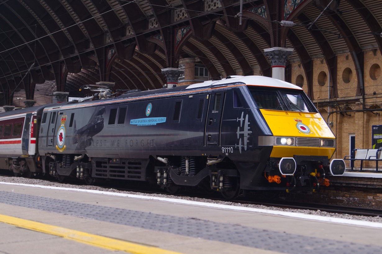 91110 'Battle of Britain Memorial Flight' stopped at York station.